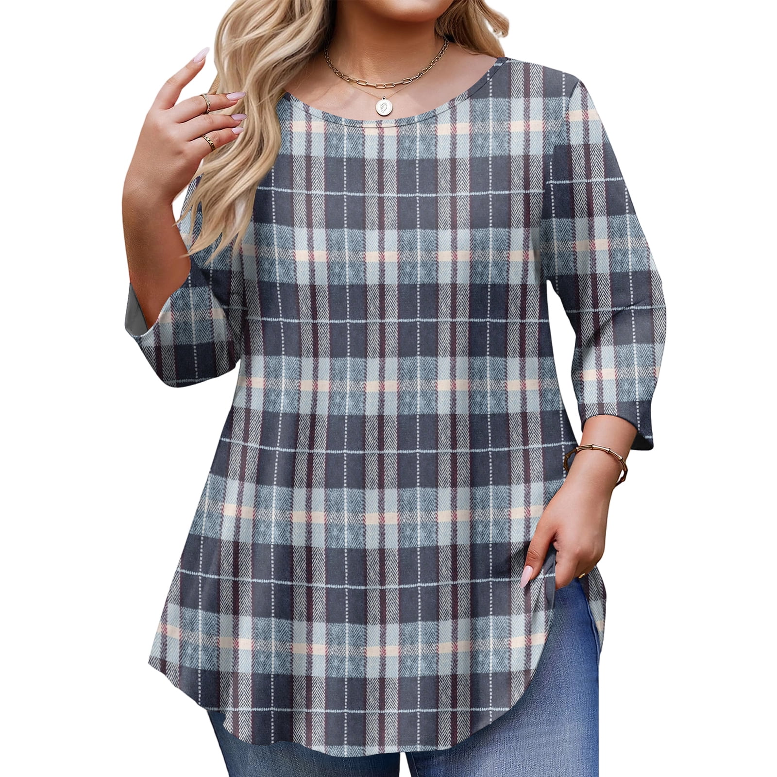 TQWQT Plus Size Plaid Tunic Top for Women 3/4 Sleeve Loose Fit Blouse ...
