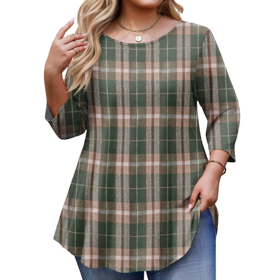 TQWQT Plus Size Plaid Tunic Top for Women 3/4 Sleeve Loose Swing Fit Comfort Breathable Blouse for Daily Casual Wear 3XL