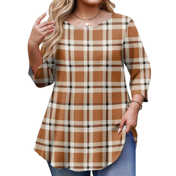 TQWQT Plus Size Plaid Tunic for Women 3/4 Sleeve Flowy High-Low Hem Shirt Ideal for Work Layering Jeans Leggings Daily Wear 3XL