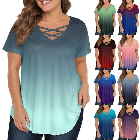 TQWQT Plus Size T Shirts for Women Dressy Casual Going Out Tops V Neck Criss Cross Short Sleeve Gradient Graphic T-Shirt Summer Casual Trendy Tunics Navy 4XL