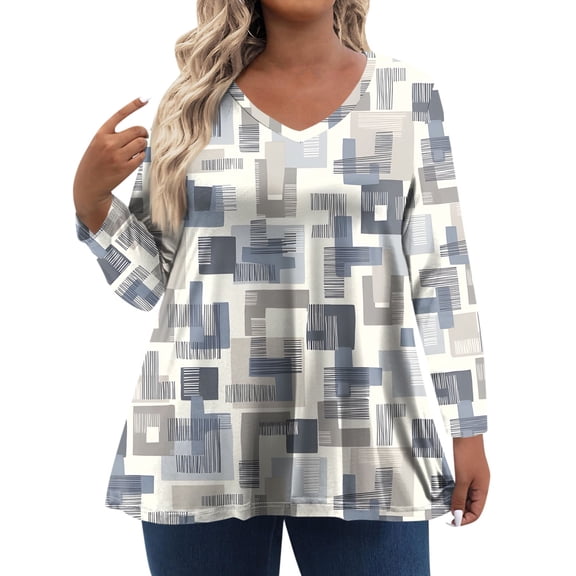 TQWQT Plus Size T Shirts for Women Dressy Casual Cute Tees Long Sleeve V-Neck Striped Color Block T-Shirt Fall Casual Tunics Blouses Light Gray XL