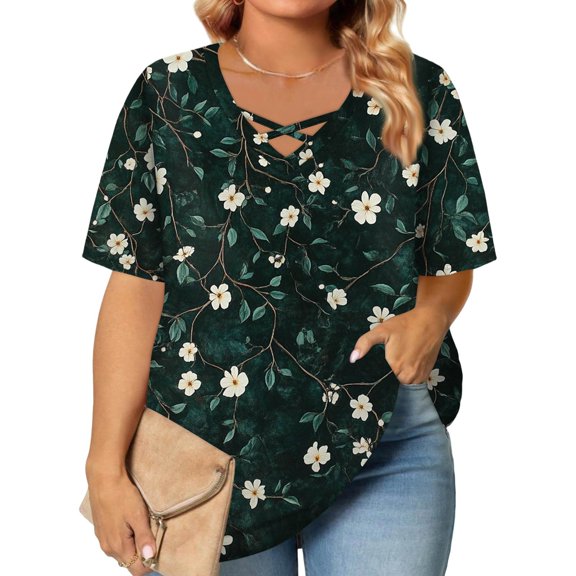 TQWQT Plus Size T Shirts for Women Loose Cute Tunic Short Sleeve V-Neck Criss Cross Floral Graphic T-Shirt Summer Tunic Tops L
