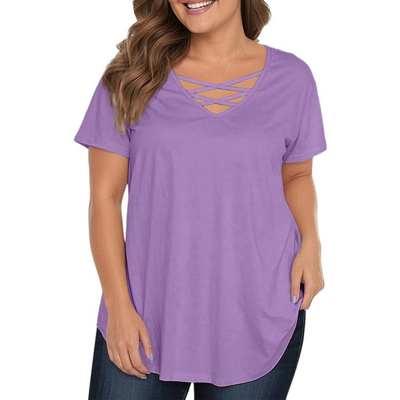 TQWQT Plus Size T Shirts for Women Loose Fit Cute Tees Short Sleeve V-Neck Criss Cross Basic Plain T-Shirt 4x-5x Trendy Tunics Purple 4XL