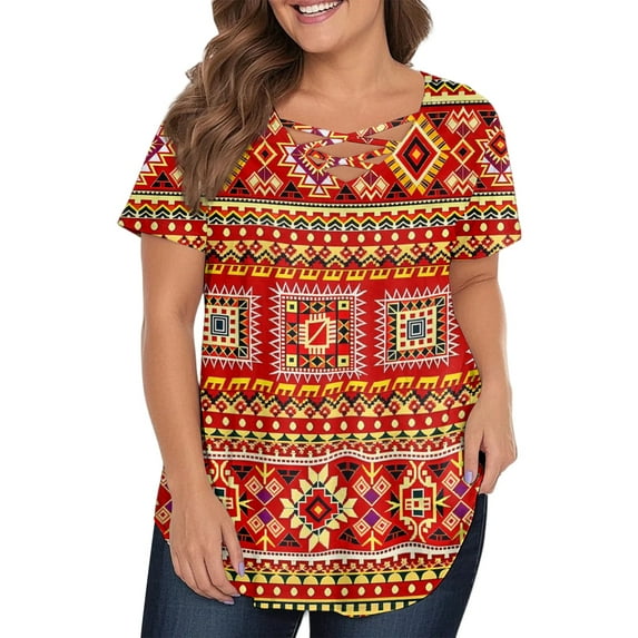 TQWQT Plus Size T Shirts for Women Loose Fit Going Out Shirt Short Sleeve V-Neck Criss Cross Aztec Print Blouses Summer Tunic Tops Red 4XL