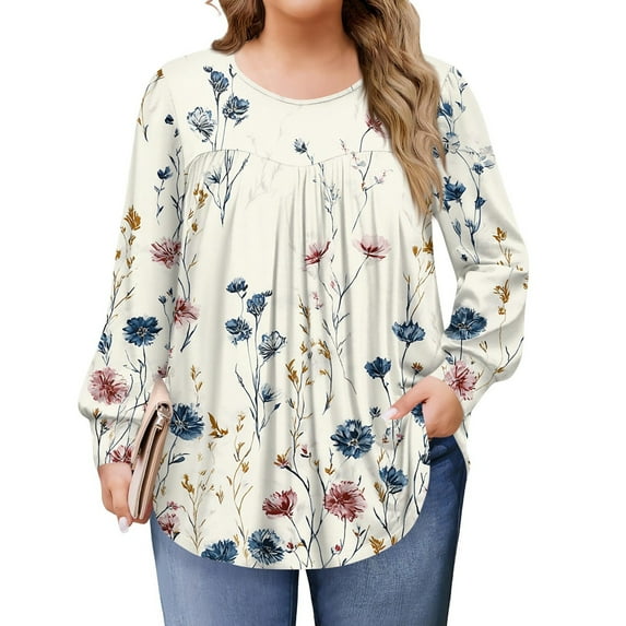 TQWQT Plus Size T Shirts for Women Loose Flowy Shirt Long Sleeve Crew Neck Floral Print Blouses 4x-5x Tunic Tops Beige XL