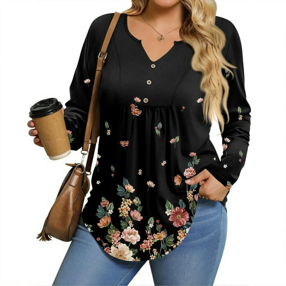 TQWQT Plus Size T Shirts for Women Loose Flowy Tees Shirt V Neck Henley Long Sleeve Floral Graphic T-Shirt Fall Casual Tunics Blouses Multicolor 5XL