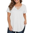 thumbnail image 1 of TQWQT Plus Size T Shirts for Women Loose Sexy Tees Shirt Short Sleeve V Neck Criss Cross Basic Plain Blouses Summer Tunics Blouses White 4XL, 1 of 4