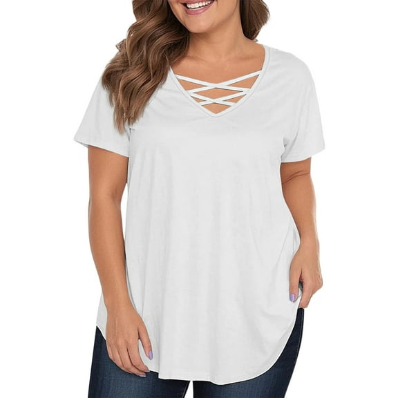 TQWQT Plus Size T Shirts for Women Loose Sexy Tees Shirt Short Sleeve V Neck Criss Cross Basic Plain Blouses Summer Tunics Blouses White 4XL