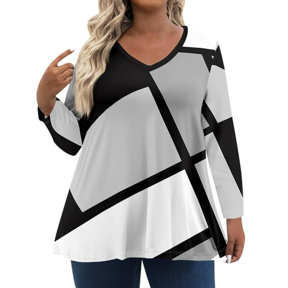 TQWQT Plus Size T Shirts for Women Loose Sexy Tops V Neck Long Sleeve Color Block Blouses Fall Casual Tunic Tops Black 2XL