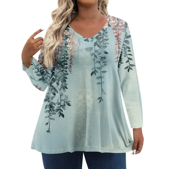 TQWQT Plus Size T Shirts for Women Loose Sexy Tunics V Neck Long Sleeve Floral Print Blouses Fall Tunics Blouses Gray 2XL