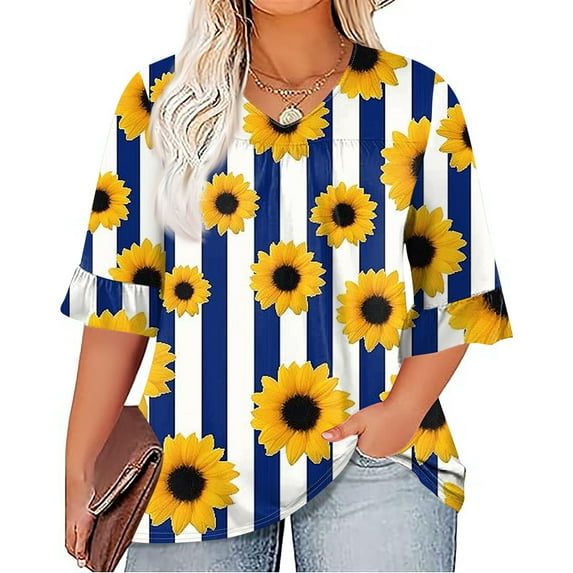 TQWQT Plus Size Tops for Women 4x-5x Ruffle 3/4 Sleeve Tunics Sunflower Graphic T-Shirt V Neck Pleated T Shirts Summer Casual Tunics Blouses Dark Blue 5XL