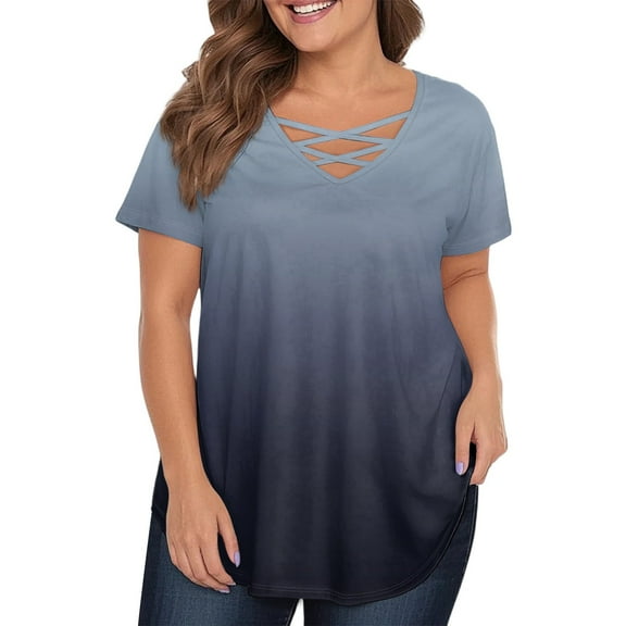 TQWQT Plus Size Tops for Women 4x-5x Sexy V Neck Criss Cross T Shirts Gradient Graphic T-Shirt Short Sleeve Tunic Tops Large Casual Outfits for Women Navy XL