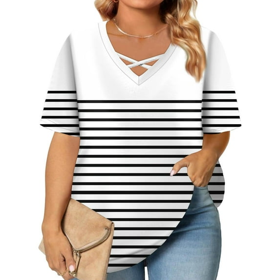 TQWQT Plus Size Tops for Women 4x-5x Summer Fashion V Neck Criss Cross Womens Short Sleeve Tops Striped Color Block Dressy Casual Blouses Loose Fit Clothes for Women 2XL
