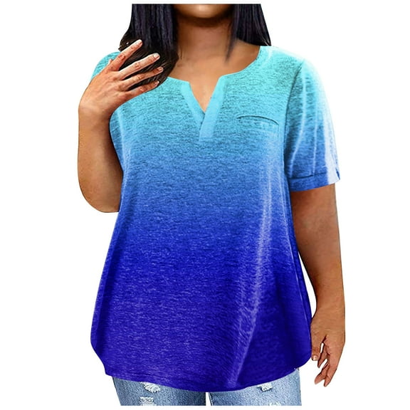 TQWQT Plus Size Tops for Women 4x-5x Summer Short Sleeve Tees Floral Graphic T-Shirt V-Neck Tunic Dressy Casual Trendy Tunics with Pocket Royal Blue 3XL