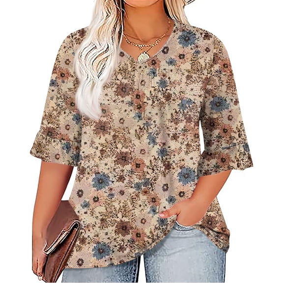 TQWQT Plus Size Tops for Women 4x-5x Tunic Summer Tops Ethnic Floral Print V Neck Pleated Ruffle 3/4 Sleeve Shirts Dressy Casual Blouse Light Brown 4XL