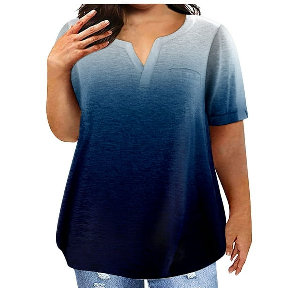 TQWQT Plus Size Tops for Women Dressy Casual Cute T Shirts V Neck Short Sleeve Floral Graphic T-Shirt Summer Tunics Blouses with Pocket Royal Blue 3XL