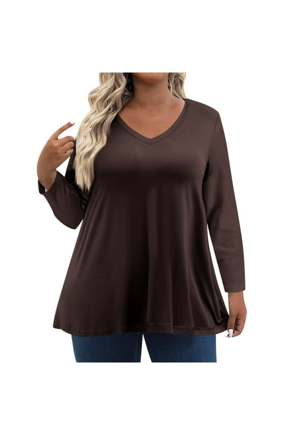 Plus Size Tops for Women Women's Plus Size Tunic Tops V Neck Womens Long Sleeve Tops Solid Color Dressy Casual Tee Shirts Plus Size Womens Clothes Brown 4XL