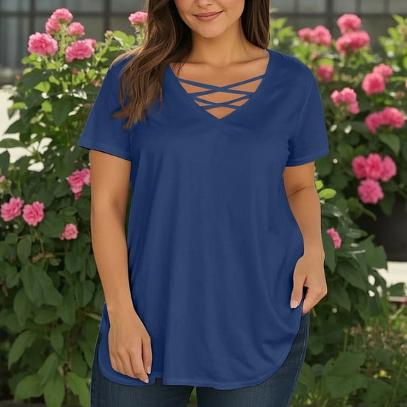TQWQT Plus Size Tops for Women Dressy Fashion 3x Women Tunic Womens V Neck Criss Cross Tunic Short Sleeve Tops Basic Plain Casual Tunics Loose Fit Summer Outfits Dark Blue 4XL