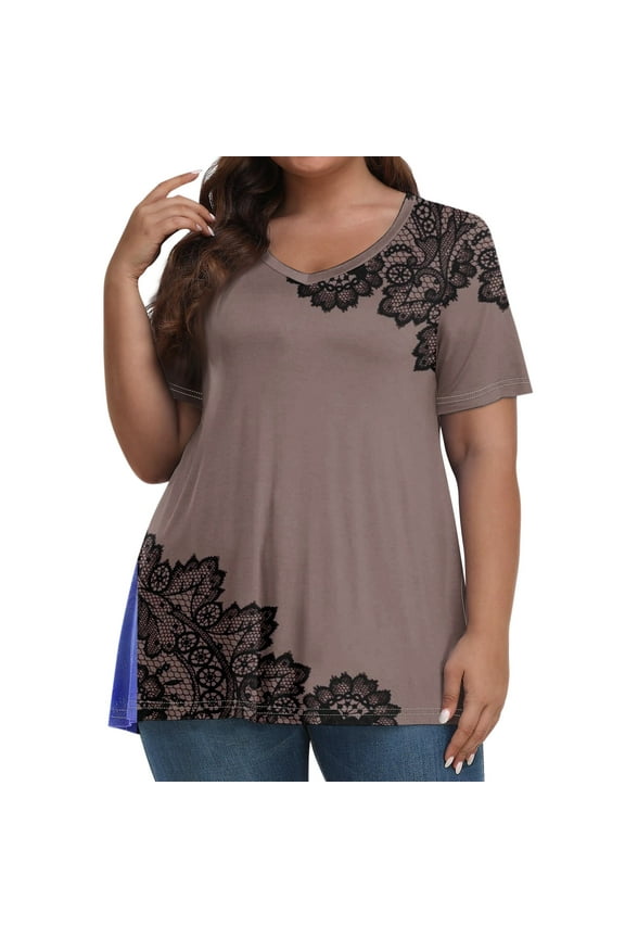 Plus Size Tops for Women Dressy Fashion Women Ethnic Floral Blouses V Neck Women Plus Sizes Short Sleeve Blouse Dressy Casual Tee Shirts Loose Fit Clothes for Women Brown 4XL