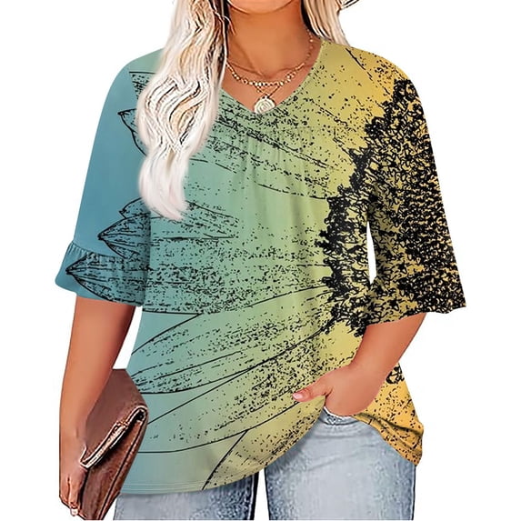 TQWQT Plus Size Tops for Women Dressy Loose Fit Tunic Summer Shirts Sunflower Print V Neck Pleated Ruffle 3/4 Sleeve Shirts Dressy Casual Blouse Sky Blue 3XL