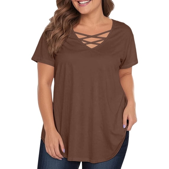 TQWQT Plus Size Tops for Women Dressy Summer Plus Size Spring Tops V Neck Criss Cross Plus Size Tops Short Sleeves Basic Plain Casual T Shirts 4x Womens Plus Size Clothes Coffee L