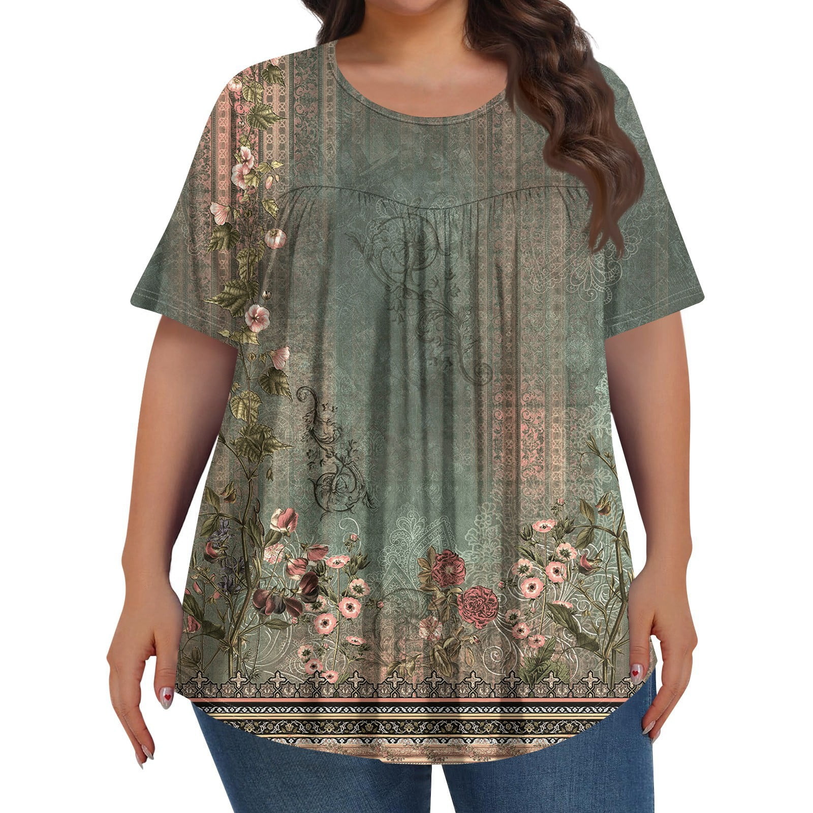 TQWQT Plus Size Tops for Women Dressy Summer Short Sleeve Tunics Shirts ...