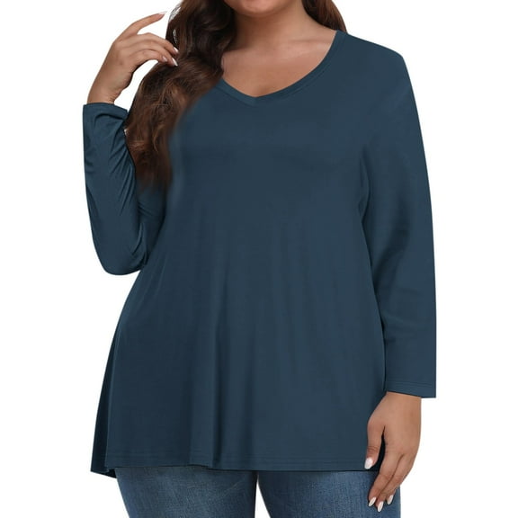 TQWQT Plus Size Tops for Women Fall Ladies Blouses Size 4x V Neck Plus Size Tunics Long Sleeve Dressy Casual Solid Color Tees Loose Fit Womens Clothing Navy XL