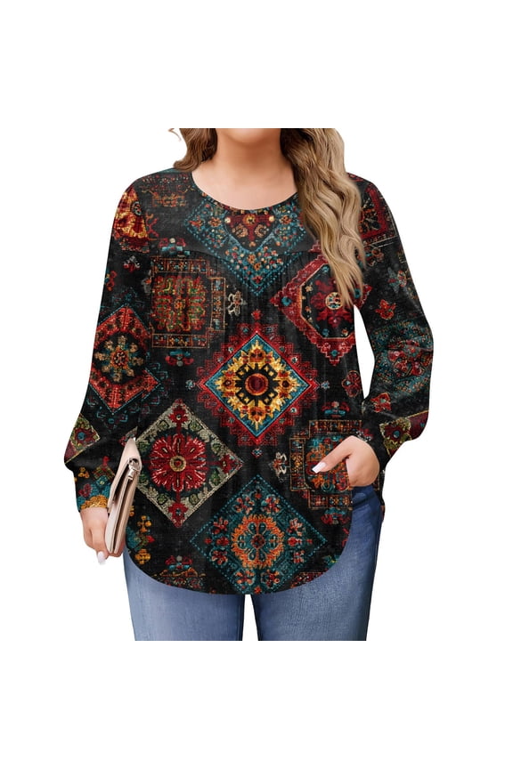 Plus Size Tops for Women Fashion 4x Womens Top Crewneck Long Sleeve Tees Floral Print Dressy Casual Tunics 5x Women Plus Size Clothing Multicolor 5XL