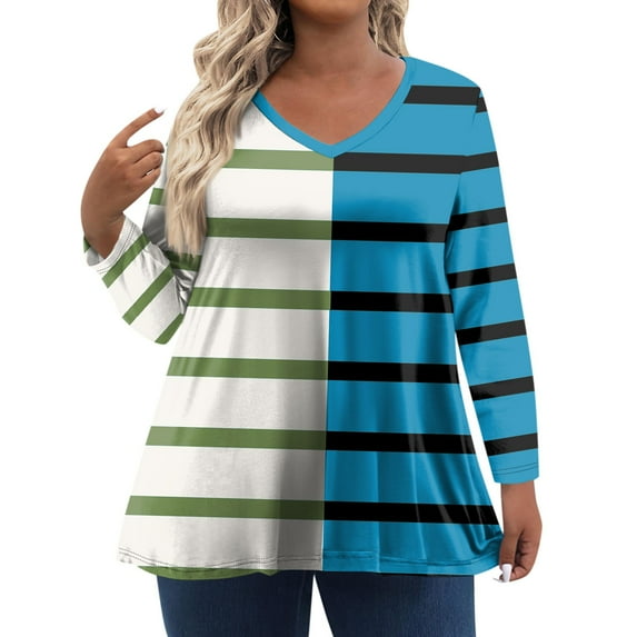 TQWQT Plus Size Tops for Women Loose Fit Fall Going Out Shirts V Neck Long Sleeve Striped Color Block T-Shirt 4x-5x Casual Tunics Blouses Light Green L