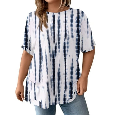 TQWQT Plus Size Tops for Women Loose Fit Summer Going Out Tunics V Neck Oversized Short Sleeve Striped Color Block Graphic T-Shirt 4x-5x Casual Tunics Blouses with Pockets Blue 5XL