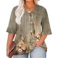 thumbnail image 1 of TQWQT Plus Size Tops for Women Loose Fit Tunic Summer Shirts Ethnic Floral Print V Neck Pleated Ruffle 3/4 Sleeve Shirts Dressy Casual Blouse Green 2XL, 1 of 5