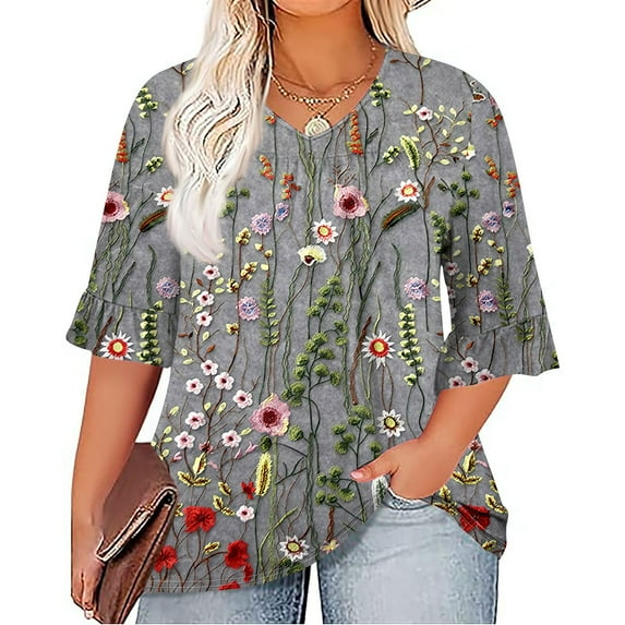 TQWQT Plus Size Tops for Women Sexy Summer Tunic Summer Shirts Ethnic Floral Print V Neck Pleated Ruffle 3/4 Sleeve Shirts Dressy Casual Blouse Gray 2XL