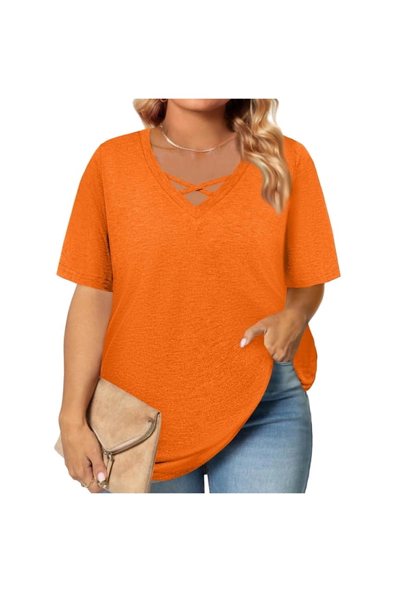 Plus Size Tops for Women Sexy Summer V Neck Criss Cross Tunic Shirts Orange Basic Plain T-Shirt Short Sleeve Tunic Tops Loose Casual Clothes for Women 3XL