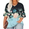 thumbnail image 1 of TQWQT Plus Size Tops for Women Summer 4x-5x Tunic Summer Shirts Ethnic Floral Print V Neck Pleated Ruffle 3/4 Sleeve Shirts Dressy Casual Blouse Light Blue 2XL, 1 of 5