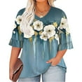 thumbnail image 1 of TQWQT Plus Size Tops for Women Summer 4x-5x Tunic Summer Shirts Ethnic Floral Print V Neck Pleated Ruffle 3/4 Sleeve Shirts Dressy Casual Blouse Sky Blue XL, 1 of 5