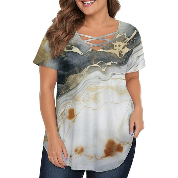 TQWQT Plus Size Tops for Women Summer Casual Cute Tees Shirt V Neck Criss Cross Short Sleeve Ethnic Floral Graphic T-Shirt Summer Tunics Blouses Gray 4XL