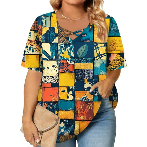 TQWQT Plus Size Tops for Women Summer Summer Fashion V Neck Criss Cross Short Sleeve Plus Top Floral Print Dressy Casual T Shirts Loose Fit Summer Outfits 3XL
