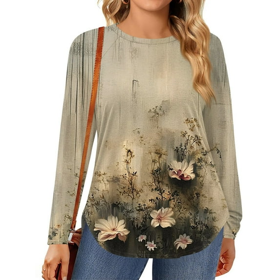 TQWQT Plus Size Tops for Women 4x-5x Fall Long Sleeve Shirts Floral Print Blouses Crew Neck Tunic Casual Loose Fit Tunics Blouses Gray L