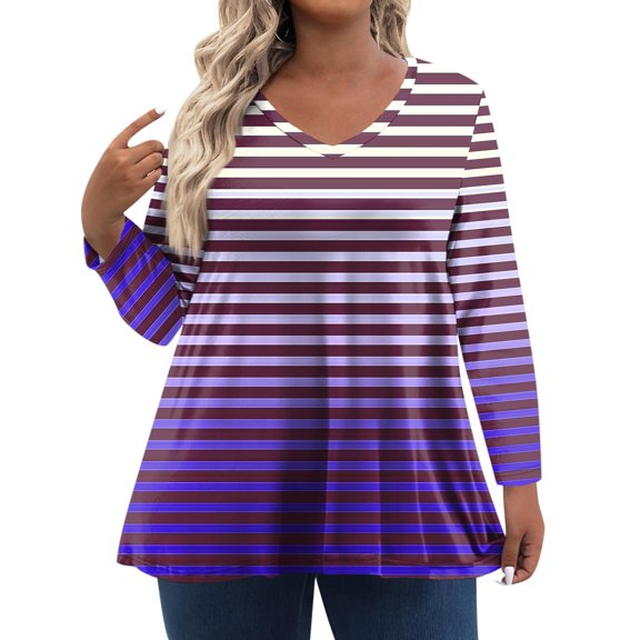 TQWQT Plus Size Tops for Women 4x-5x Fall V Neck T Shirts Striped Print T-Shirt Long Sleeve Blouses Loose Fit Casual Clothes for Women Purple 5XL