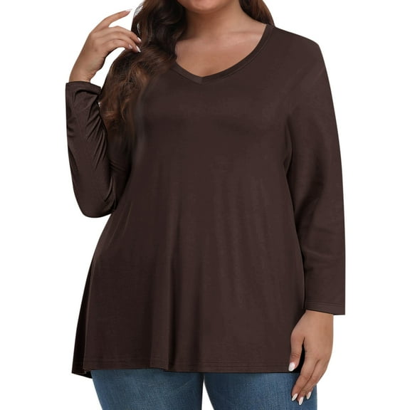 TQWQT Plus Size Tops for Women 4x-5x Fall V Neck Tunic Shirts Solid Color T-Shirt Long Sleeve Tunic Tops Loose Fit Casual Trendy Tunics Brown L