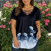 TQWQT Plus Size Tops for Women 4x-5x Flowy Short Sleeve Tunics Shirts Floral Print Crew Neck Criss Cross T Shirts Large Casual Blouses Black 3XL