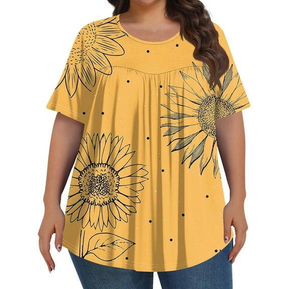 TQWQT Plus Size Tops for Women 4x-5x Summer Short Sleeve T Shirts Floral Print Blouses Crew Neck Tunic Loose Fit Casual Tunic Tops Yellow L