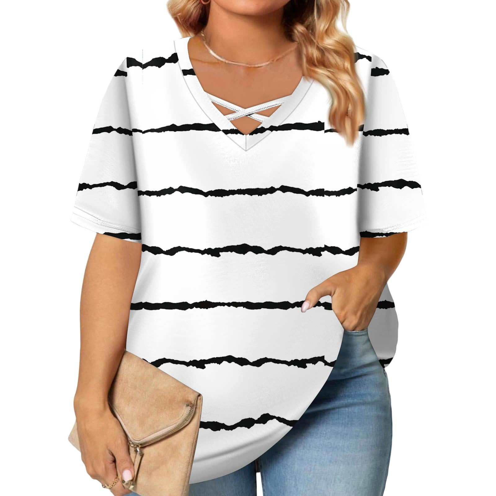 TQWQT Plus Size Tops for Women 4x-5x Summer V Neck Criss Cross Tshirts ...