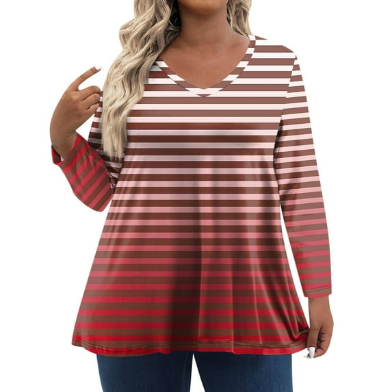 TQWQT Plus Size Tops for Women 4x-5x Trendy Long Sleeve Shirts Striped Color Block T-Shirt V Neck T Shirts Loose Fit Casual Outfits for Women Red 3XL