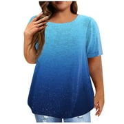 TQWQT Plus Size Tops for Women Casual Loose Fit Going Out Tunic Short Sleeve Round Neck Gradient Print T-Shirt Summer Tunics Blouses Blue 3XL