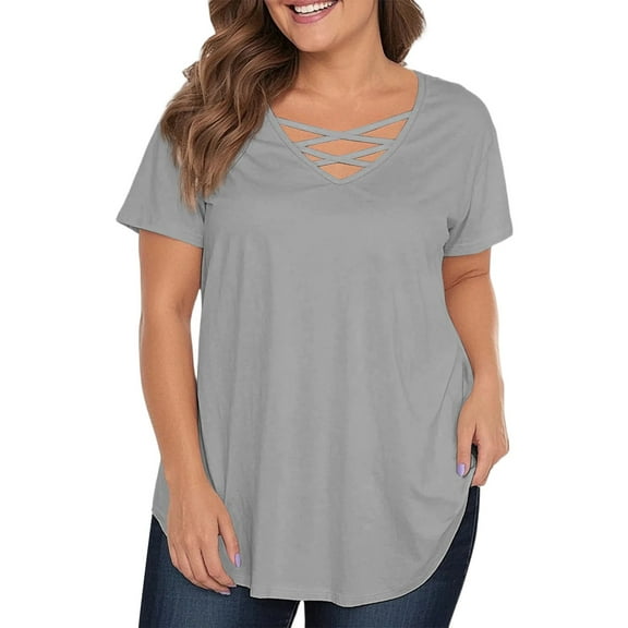 TQWQT Plus Size Tops for Women Dressy Casual Sexy Tees Shirt Short Sleeve V Neck Criss Cross Basic Plain Blouses Summer Tunic Tops Light Gray L