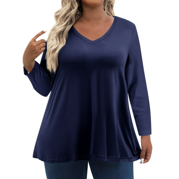 TQWQT Plus Size Tops for Women Dressy Fall Sexy Shirt V Neck Long Sleeve Solid Color T-Shirt 4x-5x Casual Tunic Tops Dark Blue XL