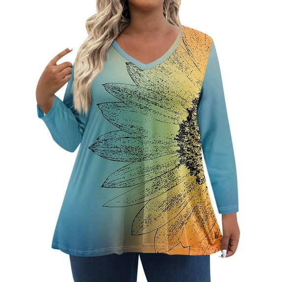 TQWQT Plus Size Tops for Women Dressy Fall Sexy Tees Shirt V Neck Long Sleeve Floral Graphic T-Shirt 4x-5x Casual Trendy Tunics Royal Blue 2XL