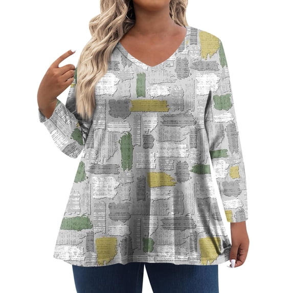 TQWQT Plus Size Tops for Women Dressy Fall V Neck Tshirts Color Block T-Shirt Long Sleeve Shirts Loose Casual Trendy Tunics Green L
