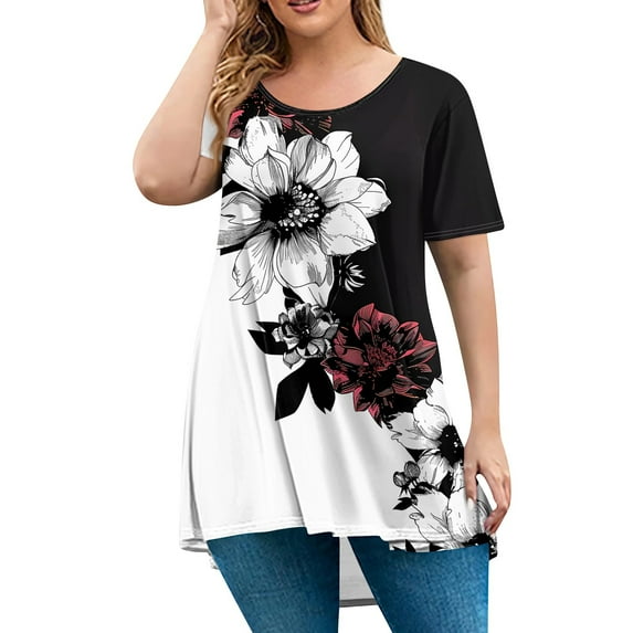 TQWQT Plus Size Tops for Women Dressy Summer Flowy Shirts Crew Neck Short Sleeve Floral Graphic T-Shirt 4x-5x Casual Tunics Blouses Black 2XL